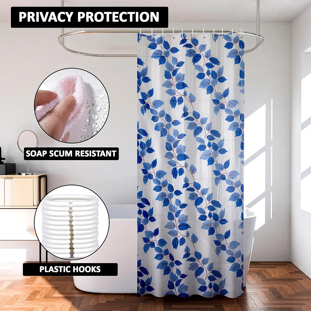 Kuber Industries Shower Curtain | 7 Feet | Bathroom Shower Curtain | AC Curtains | PVC Waterproof Window Curtain | Curtains for Bathtub | 8 Rings Curtain | Leaf Print | Blue