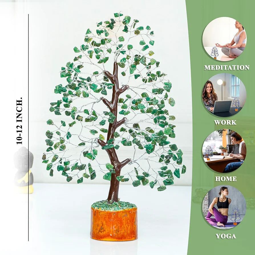 HindCraft Green Aventurine Crystal Tree Good Luck Showpiece for Home Decor Items Crystals Gemstones Bonsai Money Tree for Good Luck, Decoration Gift Item, Silver Wire, 10-12 inch