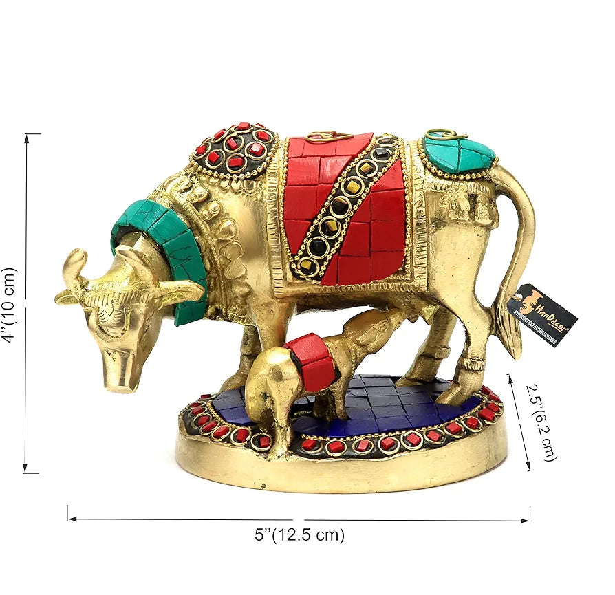 Two Moustaches Gemstone Work 5.5 Inches Kamdhenu Cow Brass Showpiece, Standard, Multicolor, Pack of 1