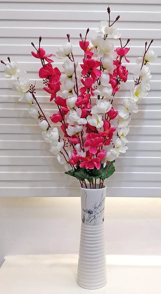 ARTSY® Artificial Flowers Bunch for Decoration Cherry Blossom, Ideal for vase, Home, Office Decor, Gifts, Craft, Artificial Plants for Decoration, Without vase, White Mix, 55 cm Height, Fabric