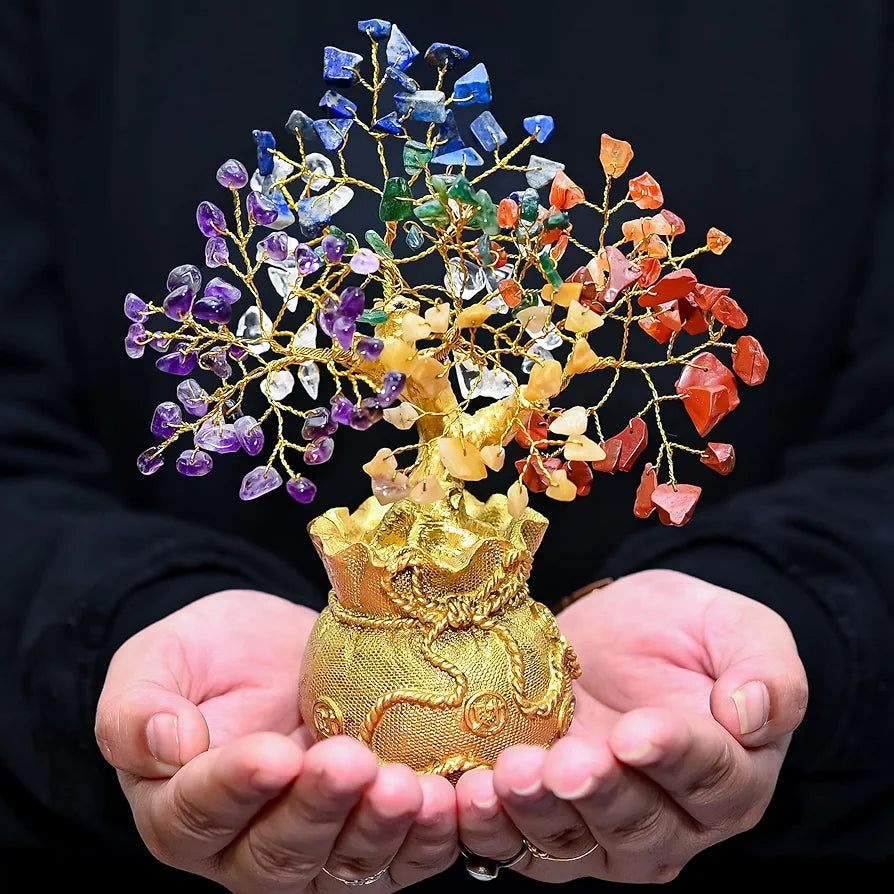 ZAICUS Lucky Feng Shui 7 Chakra Tree with Golden Money Bag Base - Healing Crystal Gemstone Bonsai Tree for Wealth, Prosperity, Positive Energy, and Home Decor, Good Luck Gift - 