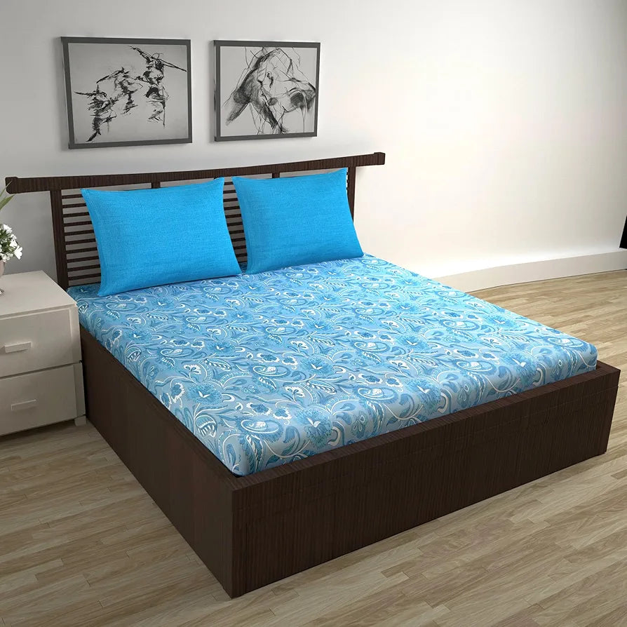 Divine Casa 144 TC Pure Cotton Double Size Bedsheet with 2 Pillow Covers | Durable for Everyday Use | All-Season Comfort & Elegant Bedroom Decor | Size 222 x 254 CM | Floral Paisley | White Aqua Blue