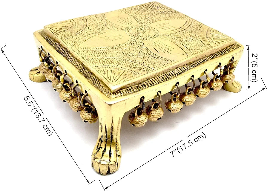 Two Moustaches Ethnic Indian Carving Design 7 Inches Brass Chowki with Bells , Pack of 1