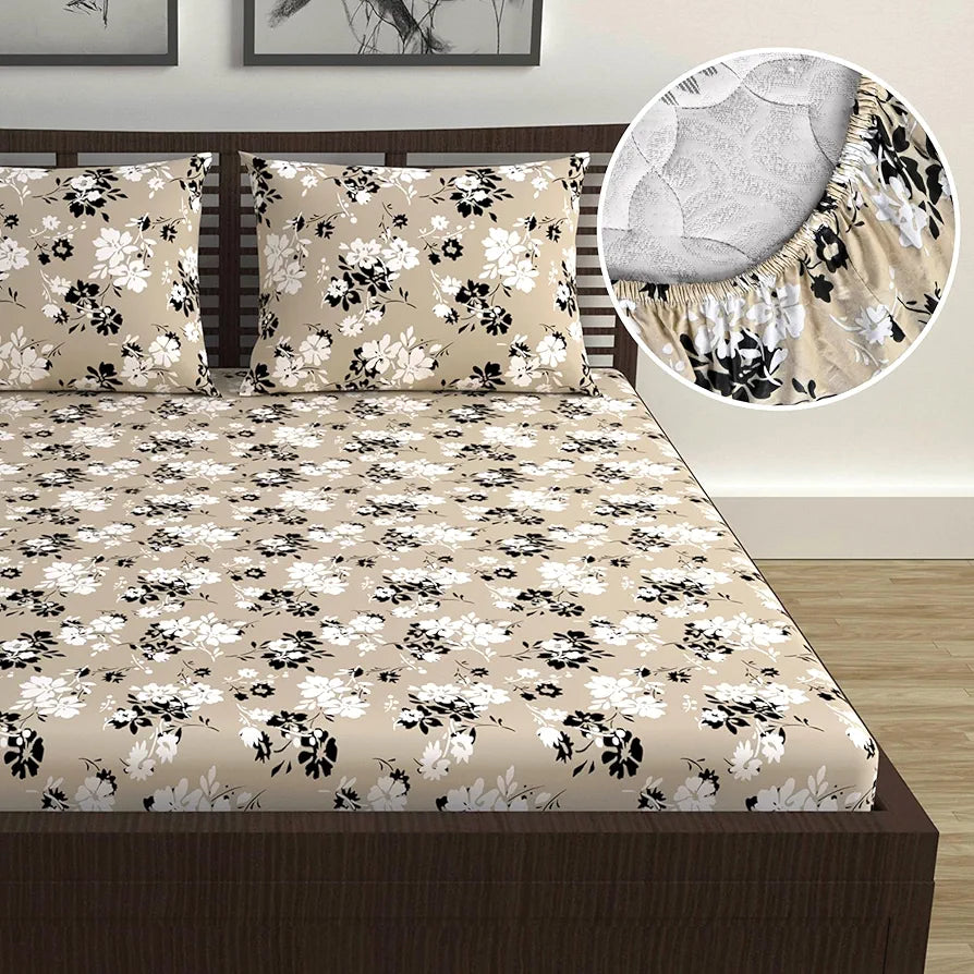 Divine Casa Floret 100% Cotton Double Fitted Bedsheet | 144 TC | Deep Pocket Design | Soft & Breathable Fabric | Durable & Easy Care | 200 x 150 + 25 CM, Ivory Sunflowers