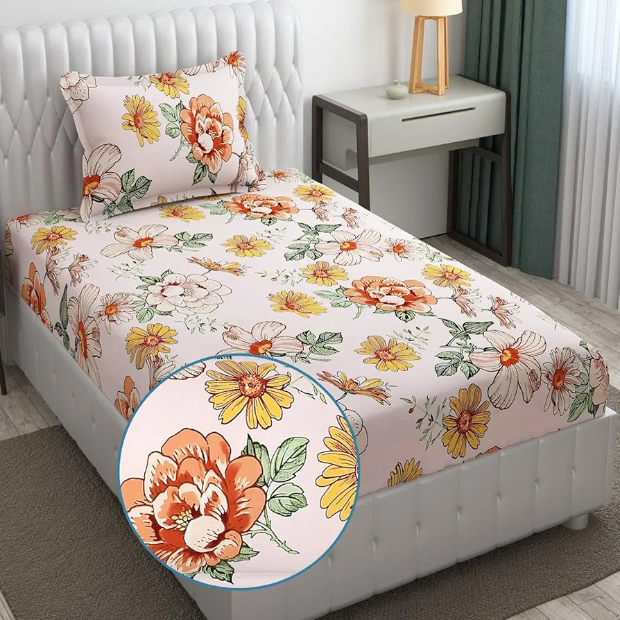 Fresh From Loom Floral Print Microfiber Single Bed Bedsheet Set - Anti Fade, 240 TC, 1 Pillow Covers Included 