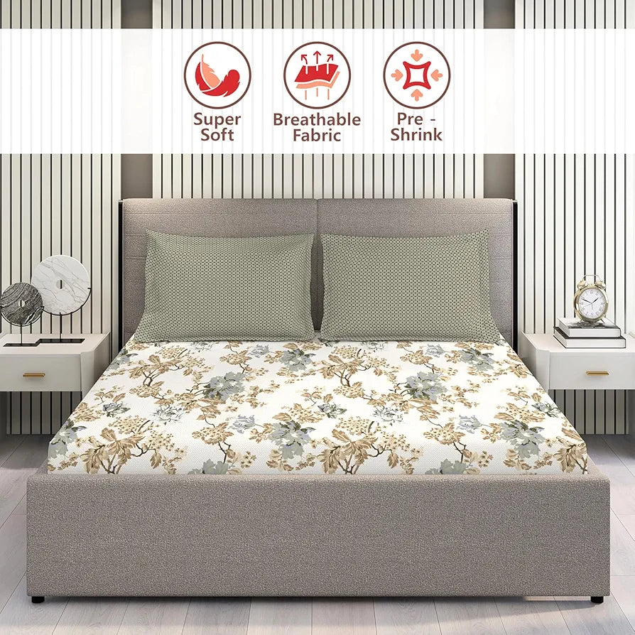 Layers Illuminating Homes 100% Cotton Bedsheet Set for All Seasons - Lightweight, Moisture Absorbent, Machine Washable & Easy to Care - 144 TC - Queen Size 