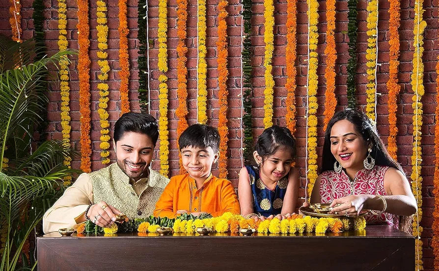 HOME BUY Artificial Marigold Flowers For Decoration Garland With Bell For Diwali & Festivals | 5 Feet Long 5 Pcs With 1 Diya , 5 Centimeters