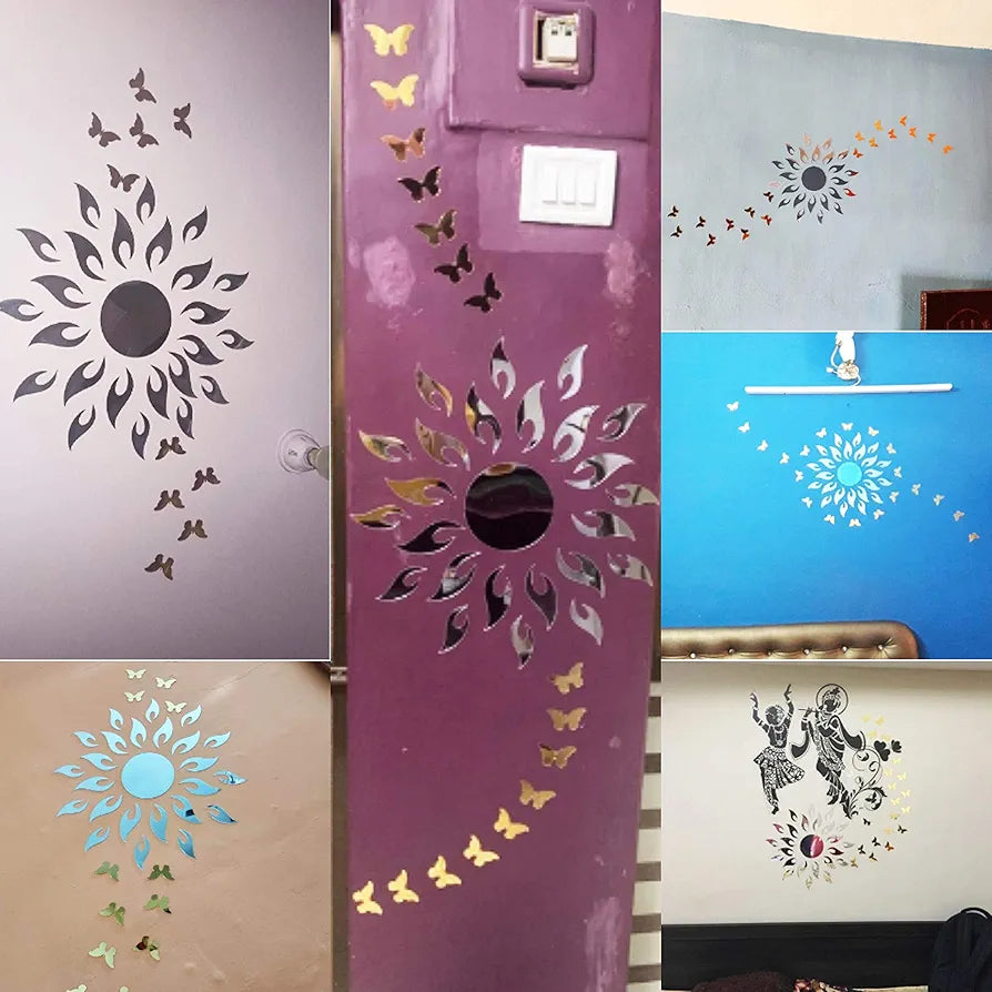 Bikri Kendra - Art BK1OLK Sun Silver with 20 Butterfly Golden - 3D Acrylic Mirror Wall Sticker