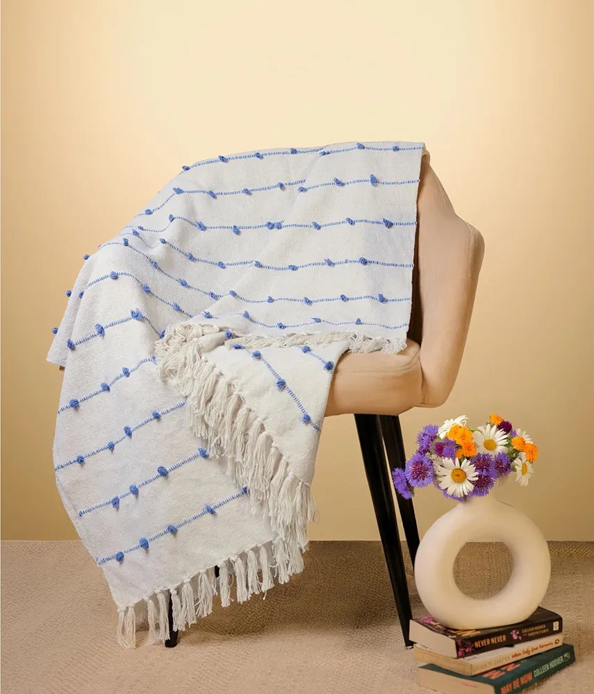 SAJAVAT HOME Hand-Knitted Pure Cotton Sofa Throw | 80x52 Inches/204x132 Cm | Beige & Blue Throw for Sofa, Bed, Chair & Travel - Ideal for All Season | Pack of 1