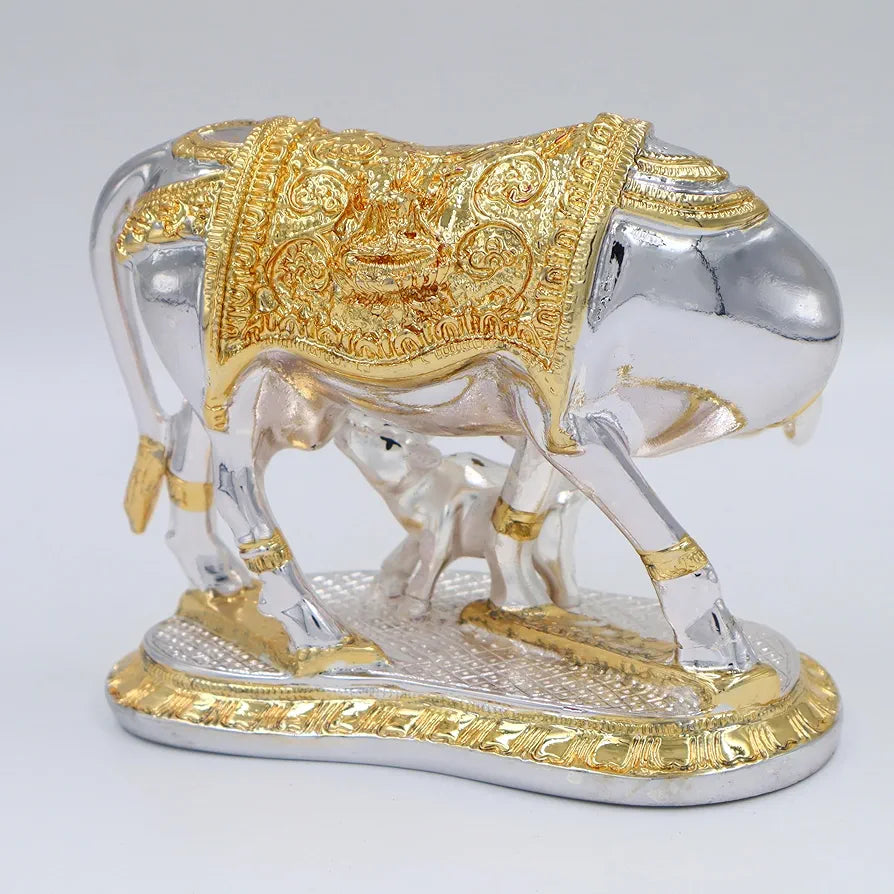 JAIPUR ACE Kamdhenu Cow with Calf Statue, Standard Size, Golden   