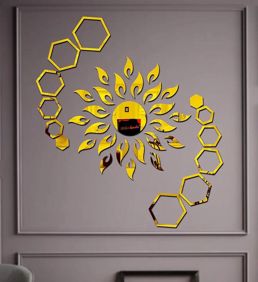 Bikri Kendra - Art BK71, Sun with Hexagon Ring 2 Set - 3D Acrylic Mirror Stickers for Wall 