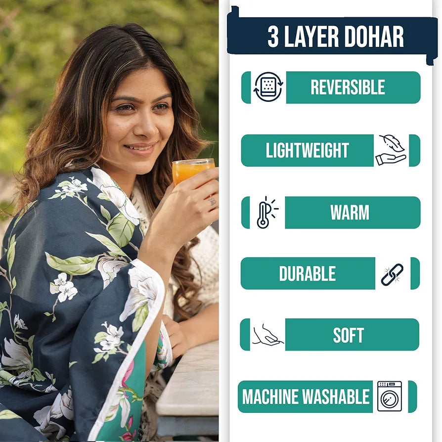 Divine Casa 120 GSM Microfiber Single Kids Dohar  | Soft & Lightweight Throw Blanket | Cozy & Breathable | All-Season Comfort | 140 x 100 CM | Floral Pattern | Bristol Blue