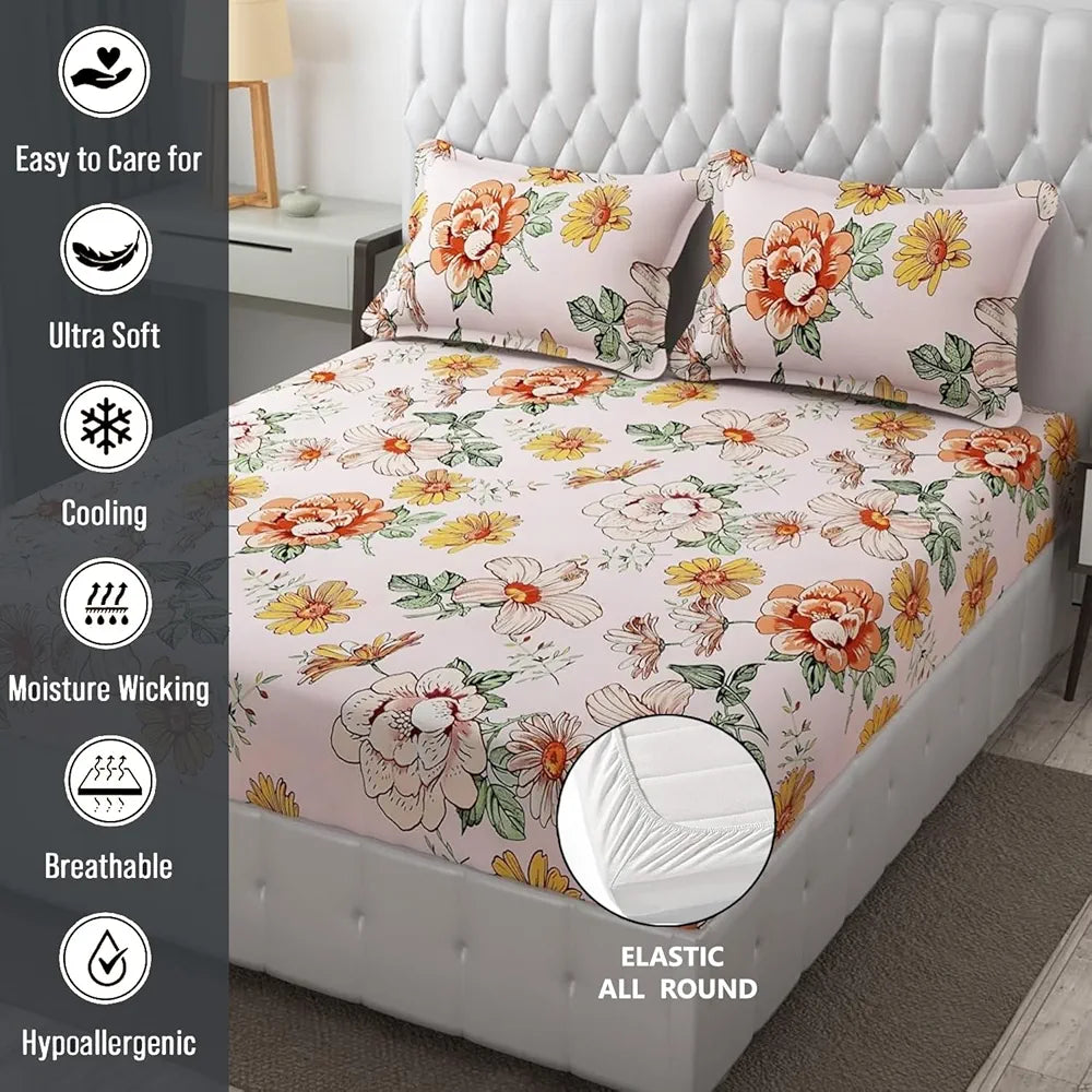 FRESH FROM LOOM Elastic Fitted Floral Bed Sheets | Bed Covers for Mattresses Tuck in | King Size Soft Glace Cotton Fitted Bedsheet with Two Pillow Cover | , 144 TC