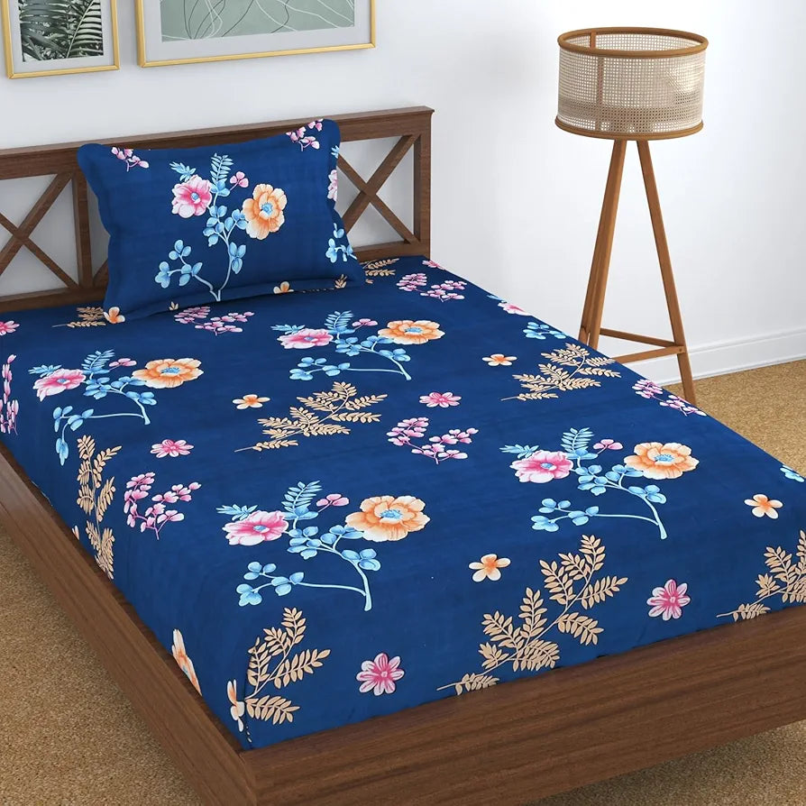 Homefab India 180 TC Microfiber Single BedSheet with 1 Pillow Cover - Blue, Floral