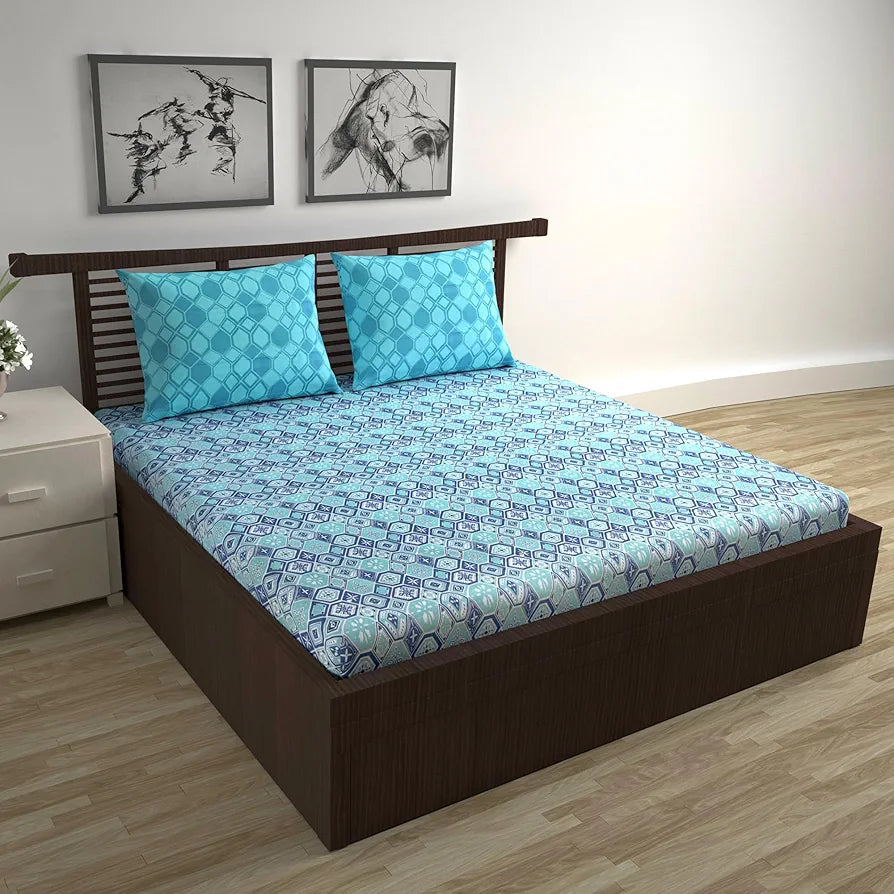 Divine Casa 144 TC 100% Pure Cotton Double Bedsheet with 2 Pillow Covers | Soft & Skin-Friendly Fabric for Everyday Comfort | All-Season Use | Size 222 x 254 CM | Geo Nordic Hexa | Ice Aqua Blue