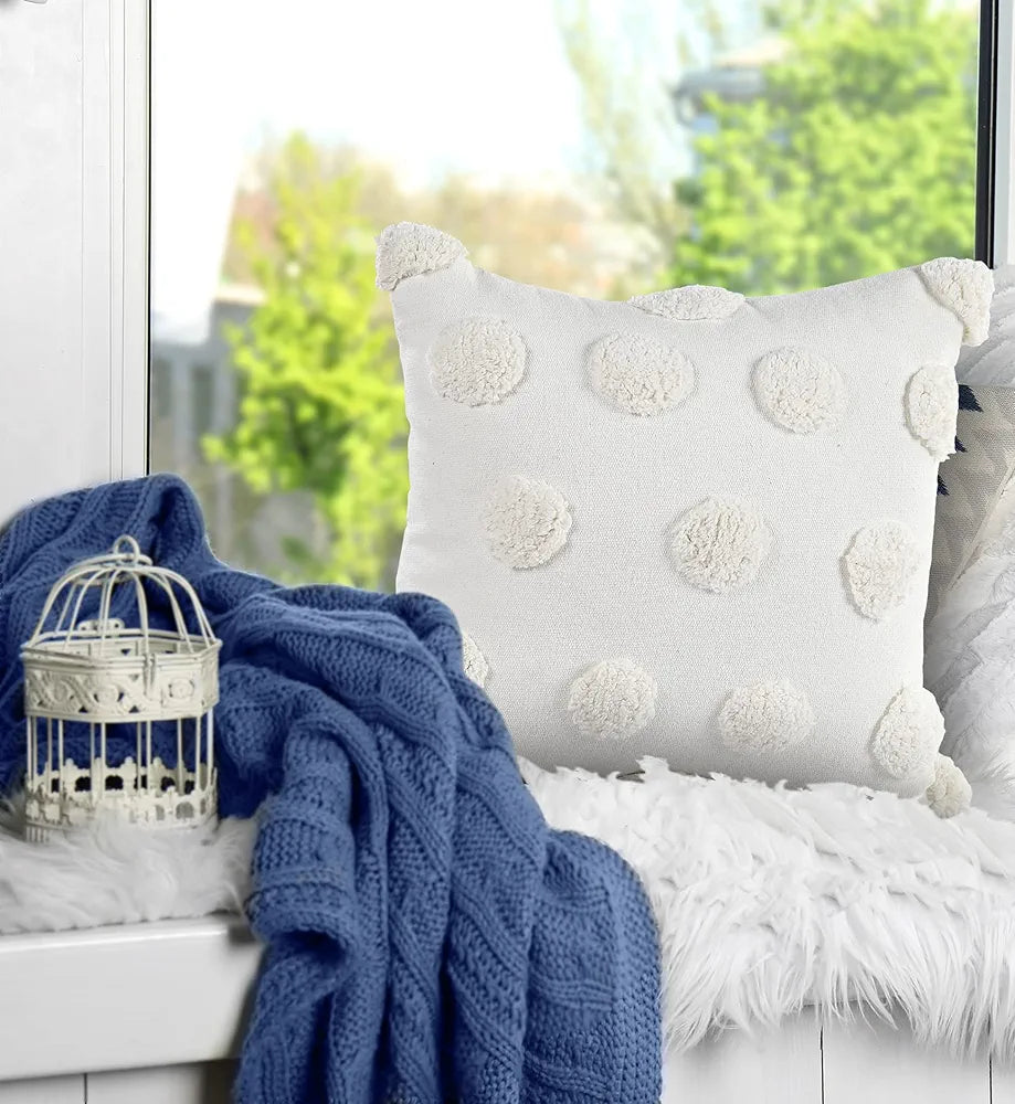 SASHAA WORLD Cotton Tufted Dots Cushion Cover | White Boho Decorative Pillow Cover for Sofa, Living Room, or Bed | Zipper Closure, Elegant Chic Design | 18x18 Inches