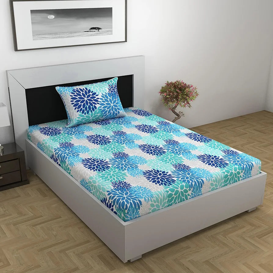 Divine Casa Bedsheet for Single Size Bed | 144 TC | Cotton Bedsheet for Single Size Bed with 1 Pillow Cover  Floral Galaxy Blue Cotton Bedsheet