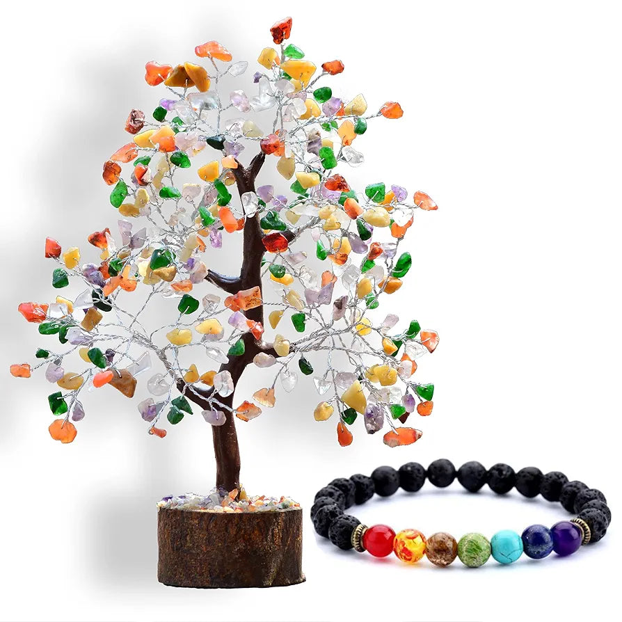 Reikved Mix Chakra Crystal Natural Gemstone Mix Chakra Silver Bonsai Money Tree with Chakra Bracelet for Reiki Healing Good Luck, Home, Office Decor 300 Beads, Size 10-12 Inches
