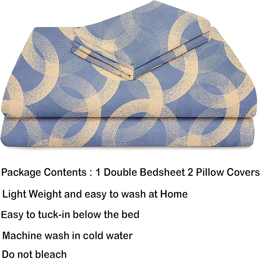 HOMEKART Cotton Elastic Fitted Printed Bedsheets with 2 King Size Pillow Covers Double Bed with All Around Elastic Supersoft Size - 72 x 78 +10 inches Weaves Print Silver and Beige - 220 tc