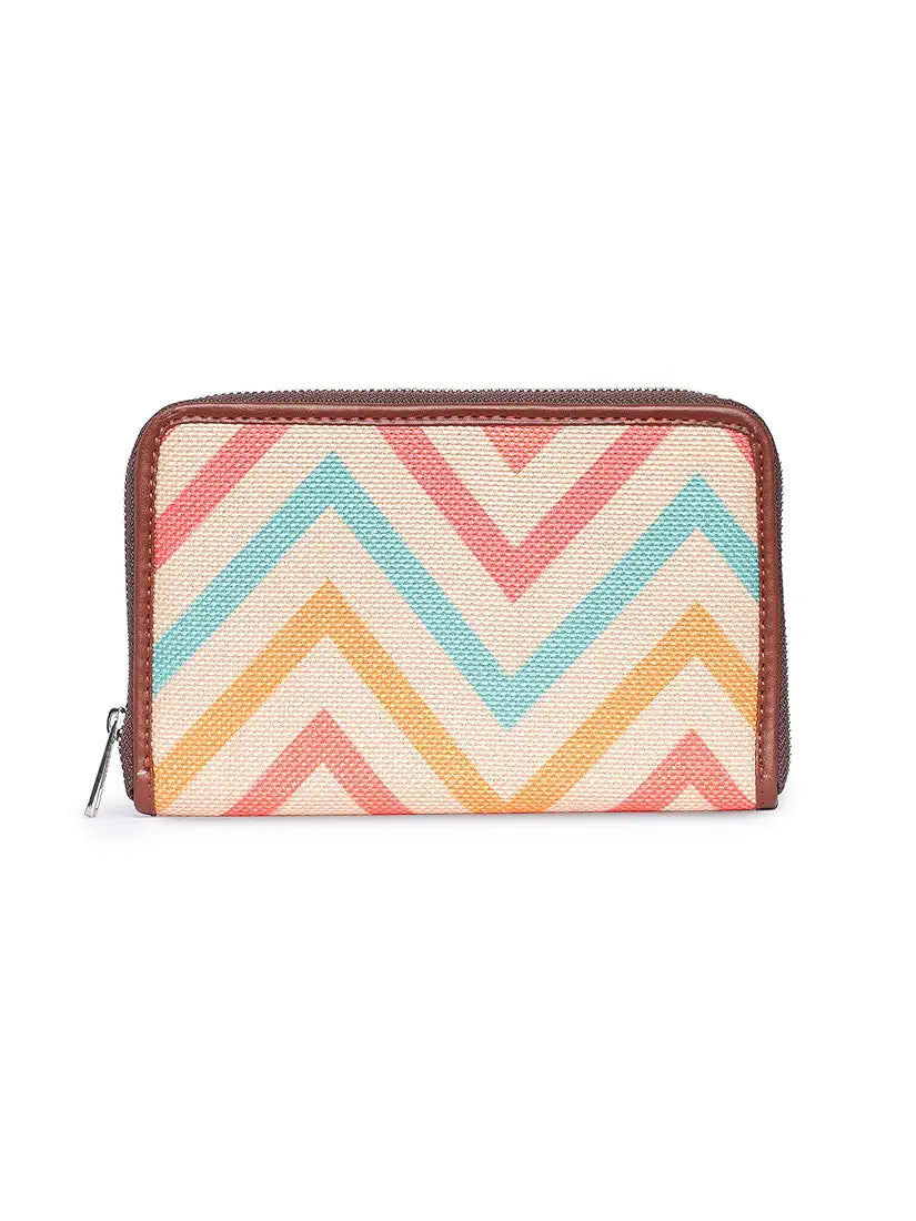 ZOUK Women's Vegan Leather and Jute Wav Beach Print Handmade Classic Wallet with Mobile Phone Pocket - Multicolour