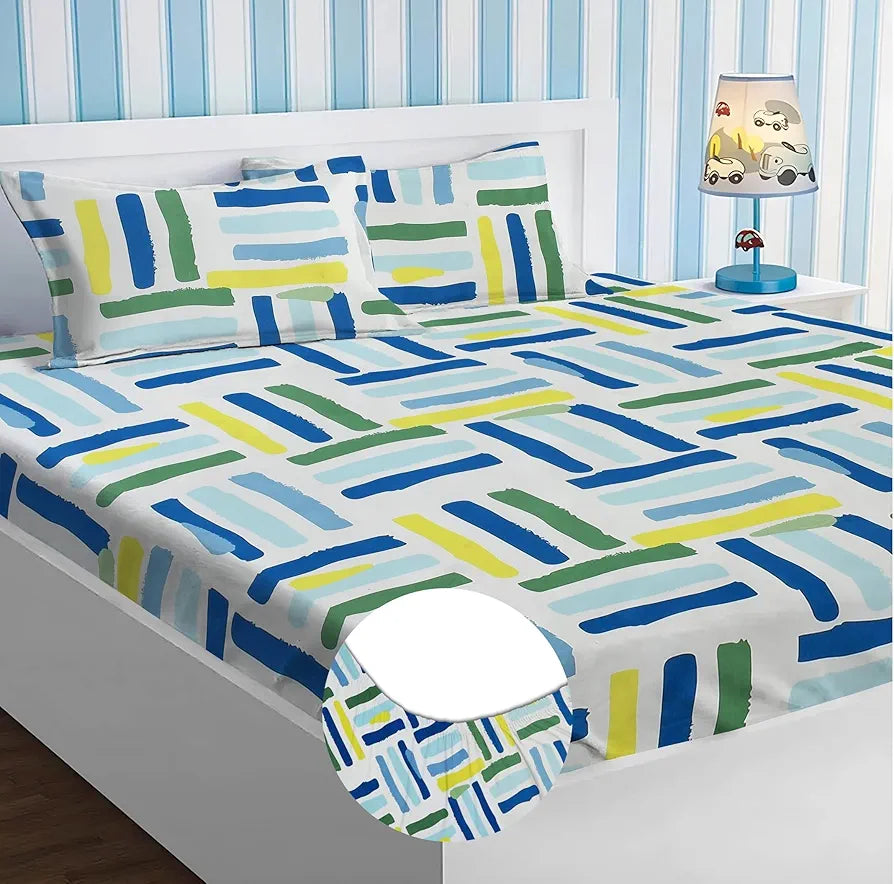 HOMEKART Premium Cotton Elastic Fitted Bedsheets with 2 King Size Pillow Covers Double Bed with All Around Elastic Supersoft Size - 72 x 78 +10 inches Stick Print White Green 200 tc - 220 tc