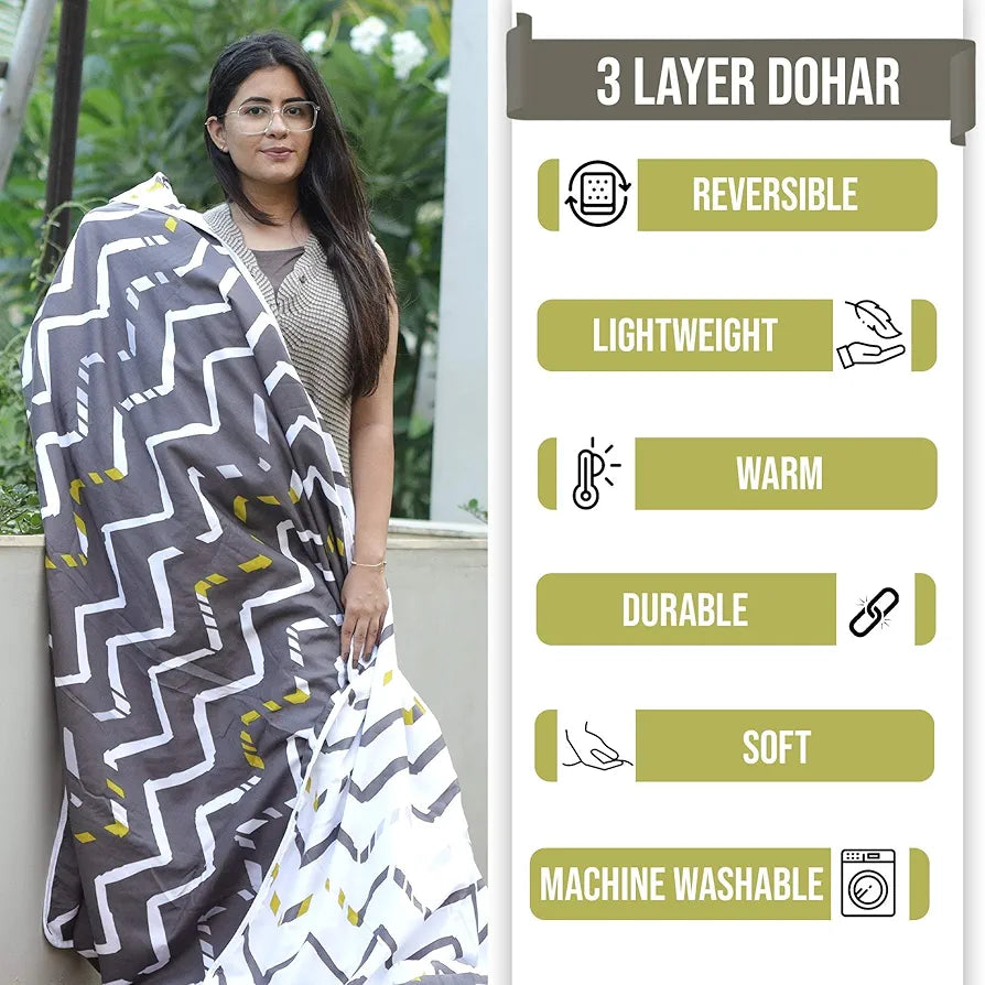 Divine Casa 120 GSM Microfiber Single Dohar | Soft & Lightweight Throw Blanket | Cozy & Breathable | All-Season Comfort | 210 x 140 CM | Zig-Zag Pattern | Mourning Dove & White