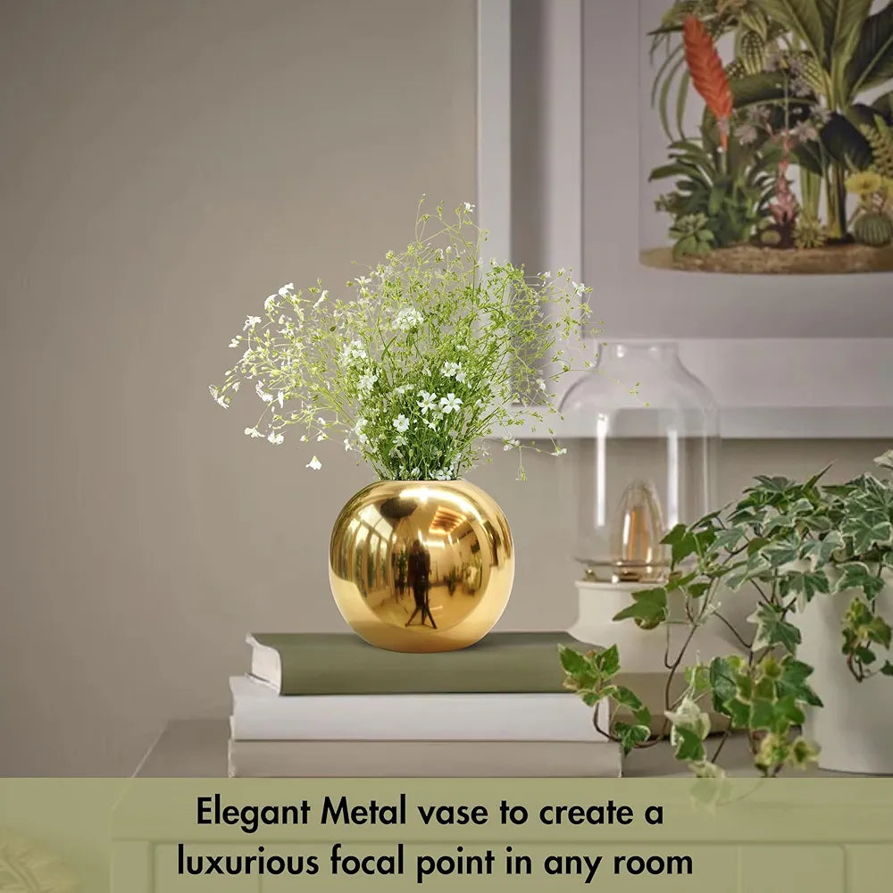 BEHOMA Metal Ball Round Flower Vase for Home Decor|Table Decorative Item for Bedroom Living Room Office Wedding | Best Gift for Birthday Anniversary Festival | Gold, Small