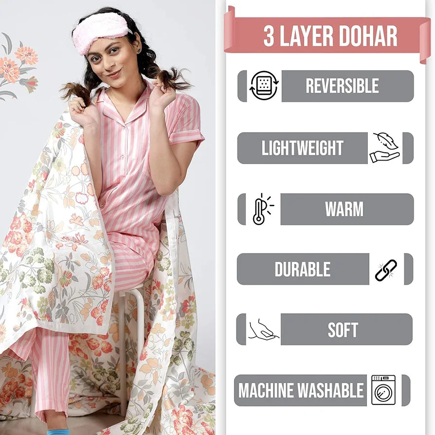 Divine Casa Floret 100% Cotton Double Dohar | 120 GSM | Soft & Lightweight Throw Blanket | Reversible Design | Cozy & Breathable Bedding | All-Season Comfort | 220 x 205 CM, Floral Blush