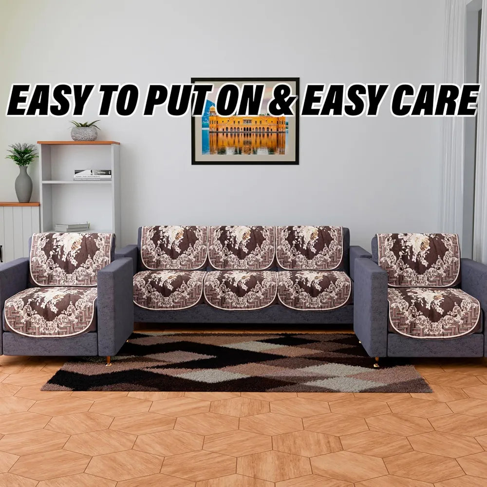 Kuber Industries Velvet Sofa Cover Set - 5 Seater Couch Slipcover With Brown Check Border for Living Room - Cream