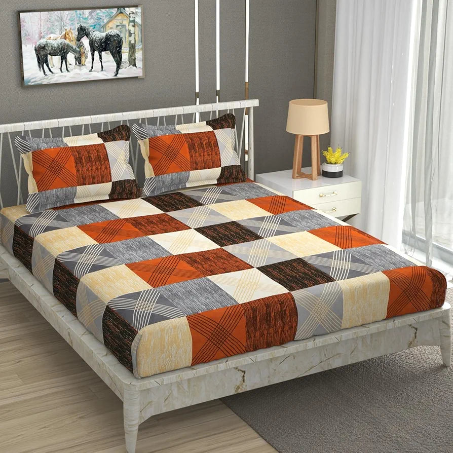 Homefab India 144 TC Microfiber Double Bedsheet with 2 Pillow Covers - Checks, Brown