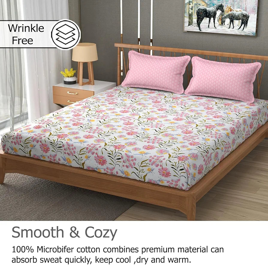 FRESH FROM LOOM Floral XXL Microfiber Soft Cotton Bedsheet | 240 TC King Size Bed Cover with 2 Pillow Cover | Hypoallergenic Bedsheet for Double Bed | Anti Fade Bedcover 