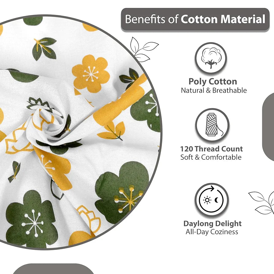 Divine Casa Double Size Bedsheet for Double Bed, 144 TC Pure Cotton Queen Size with 2 Pillow Covers | 222 by 254 cm | Floral | Mustard Green