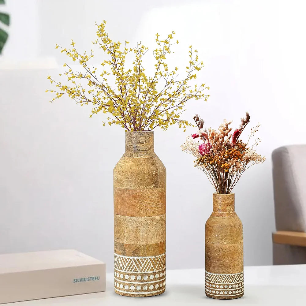 Behoma Boho Engraved Design Wooden Flower Vase Set of 2, Bottle Shape Mango Wood Vases for Flowers for Decor Home Living Room Kitchen Office, Natural Light Brown Finish | Height - 23 cm & 15 cm