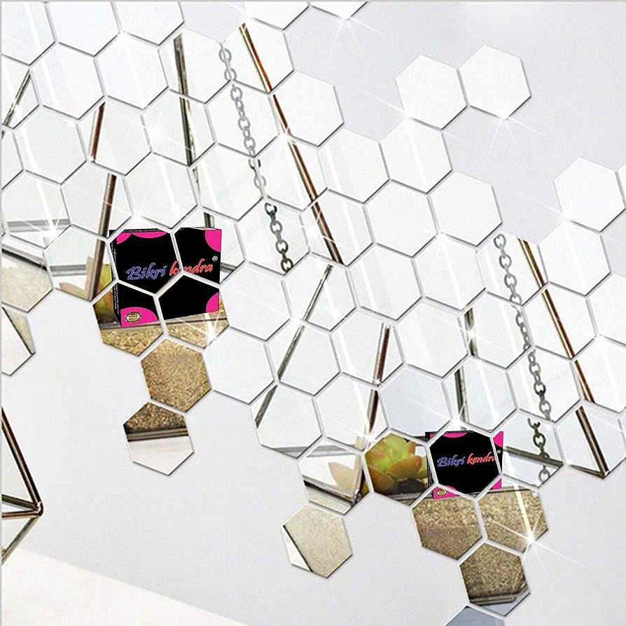 Bikri Kendra - 40 Hexagon Silver with 20 Butterfly Stickers for Wall, Mirror Decor Sticker, Wall Stickers, Acrylic,