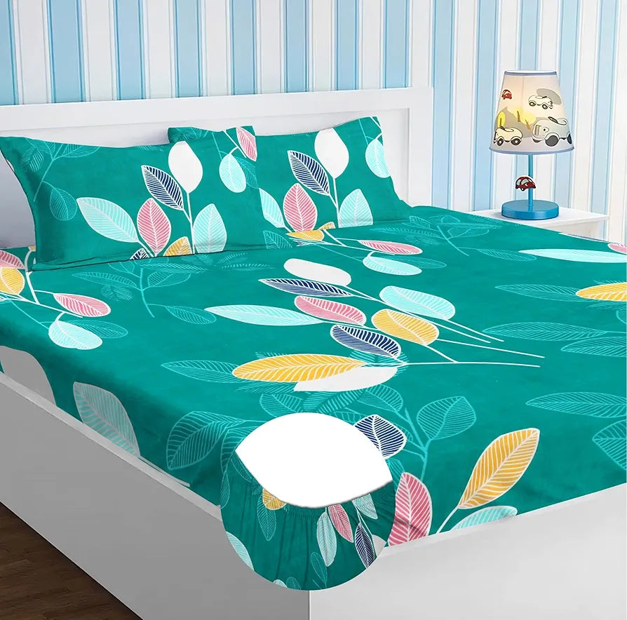 Premium Cotton Elastic Fitted Bedsheets with 2 King Size Pillow Covers Double Bed with All Around Elastic Supersoft Size - 72 x 78 +10 inches Flower Print Green and Red 200 tc - 220 tc