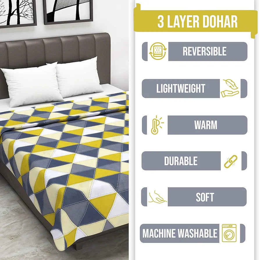 Divine Casa Glace Cotton 120 GSM Reversible Lightweight Malmal Printed Double Bed AC Dohar Blanket for Mild Winter -| TC - 120