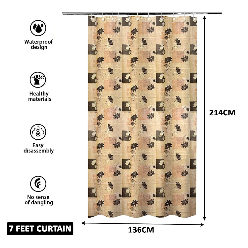 Kuber Industries Shower Curtain | 7 Feet | Bathroom Shower Curtain | AC Curtains | PVC Waterproof Window Curtain | Curtains for Bathtub | 8 Rings Curtain | Black Gulab | Beige