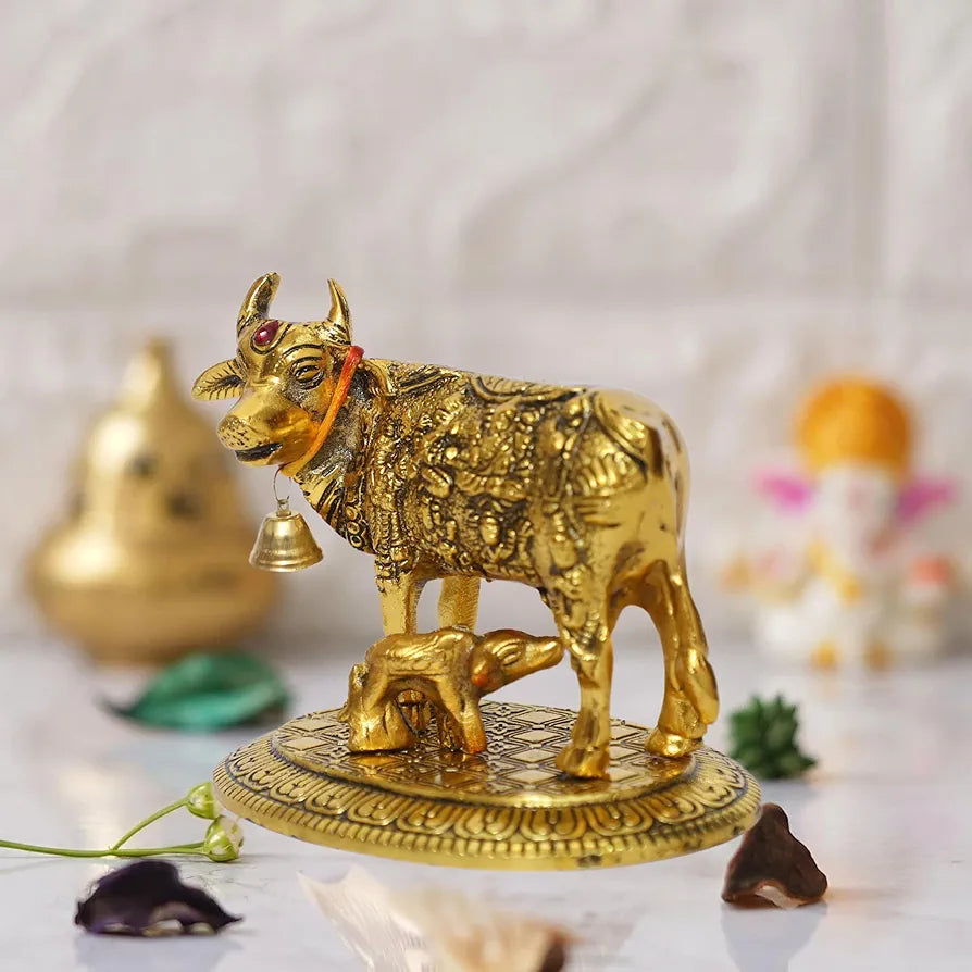 CHHARIYA CRAFTS Oxidized Metal Krishna with Religious Kamdhenu Cow with Calf Handmade Handicraft for Home Decor Gift Item, Gold