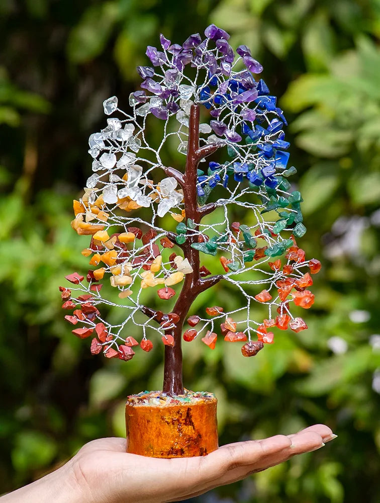 HindCraft Seven Chakra Crystal Tree Good Luck Showpiece for Home Decor Items Crystals Gemstones Bonsai Money Tree for Good Luck, Decoration Gift Item, Silver Wire, 10-12 inch