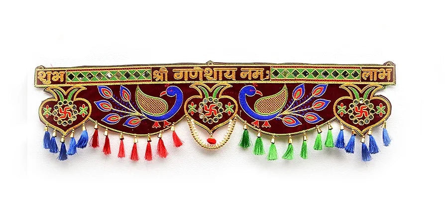 CraftVatika Embroidery Handmade Toranam for Door Wall Home Decoration, Handmade Peacock Shubh Labh Latest Traditional Design Toran, 3 Ft Length 