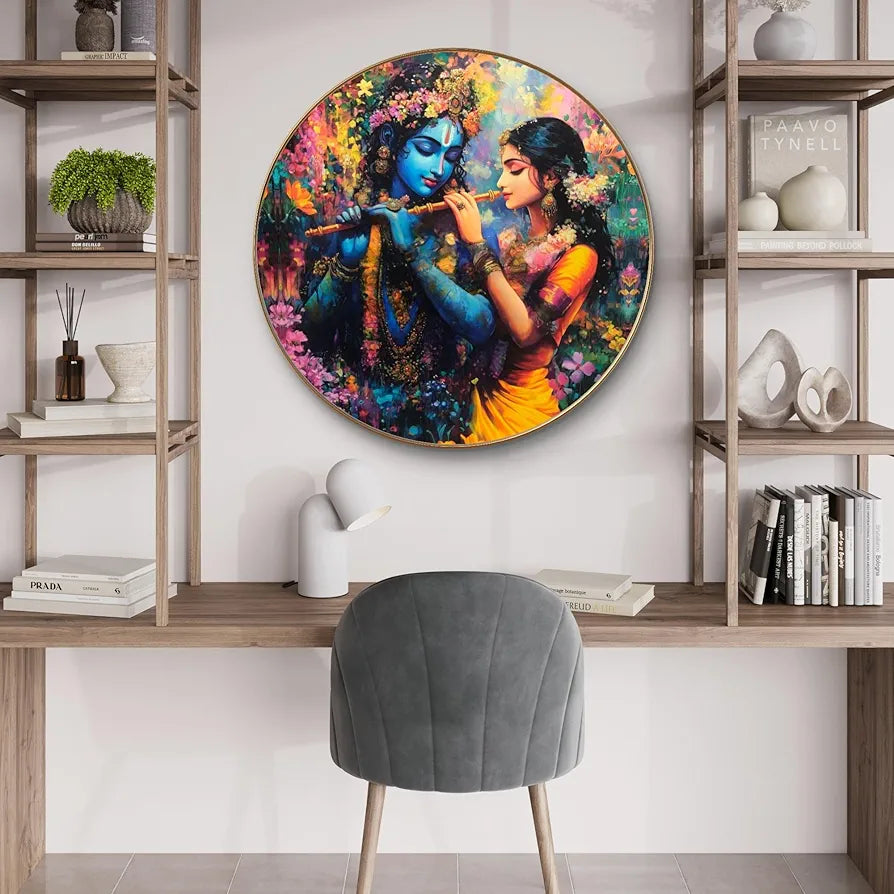 Livin'luxe paintings Radha Krishna Divine Love Wall Painting with Frame - Sparkle Glossy Round Golden Framed Large Painting for Office, Living Room, Bedroom, Home Wall Decoration