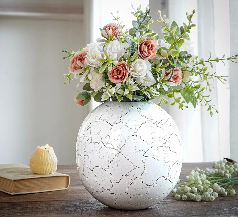BEHOMA Metal Ball Vase for Home Decor|Round Flower Pot for Bedroom Living Room Office Wedding|Flowers Arrangement for Birthday Anniversary Festival|Off-White Crackled Medium 