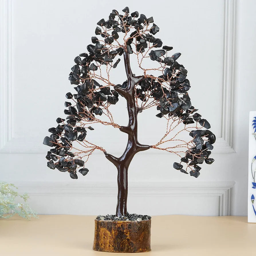 HindCraft Black Tourmaline Crystal Tree Good Luck Showpiece for Home Decor Items Crystals Gemstones Bonsai Money Tree for Good Luck, Decoration Gift Item, Copper Wire, 10-12 inch