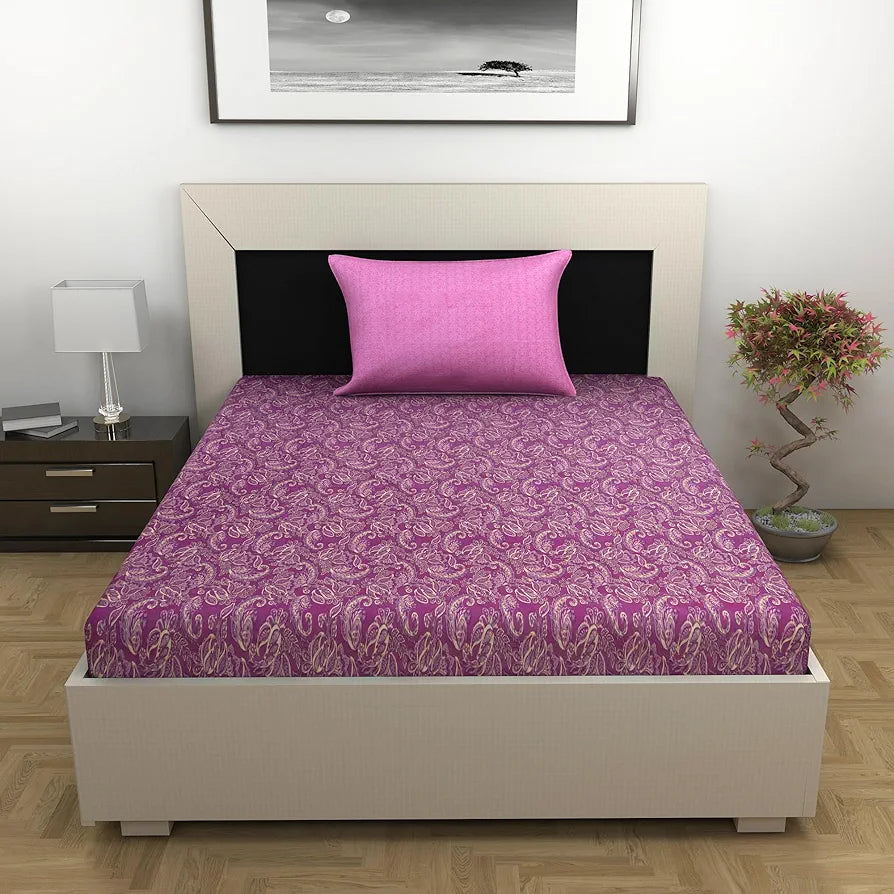 Divine Casa 144 TC 100% Pure Cotton Single Bedsheet with 1 Pillow Cover | Soft & Skin-Friendly Fabric for Everyday Comfort | All-Season Use | Size 223 X 145 CM | Royal Paisley Pattern | Cream Magenta