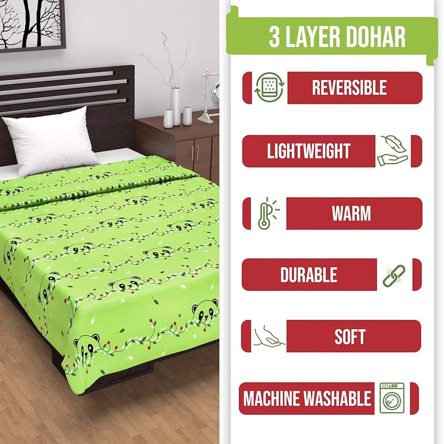 Divine Casa Pure Cotton Printed Single Dohar | 120 GSM | Soft & Lightweight Throw Blanket | Cozy & Breathable Bedding | All-Season Comfort | 210 x 140 CM, Ice Green