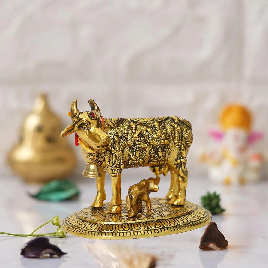 CHHARIYA CRAFTS Oxidized Metal Krishna with Religious Kamdhenu Cow with Calf Handmade Handicraft for Home Decor Gift Item, Gold