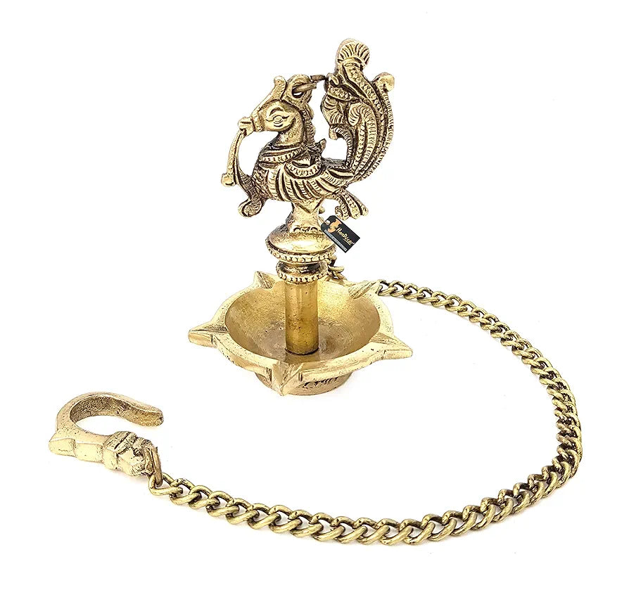 Two Moustaches Handmade Ethnic Peacock Design 5 Oil Wick Brass Hanging Diya, Brass Diyas for Decoration, Standard, Pack of 1
