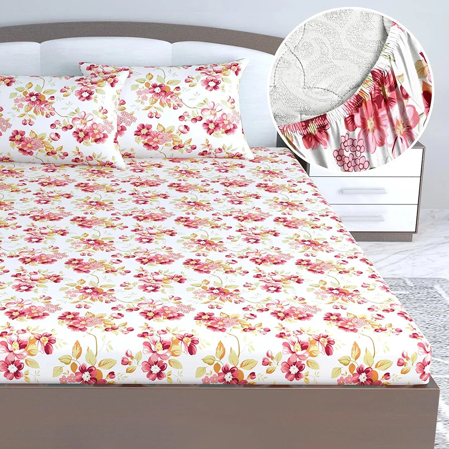 Divine Casa Floret 100% Cotton King Fitted Bedsheet | 144 TC | Deep Pocket Design | Soft & Breathable Fabric | Durable & Easy Care | 200 x 185 + 25 CM, Rosy Retreat