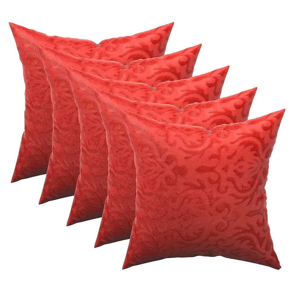 Kuber Industries Set of 5  Washable & Removable Velvet Sofa Pillow Covers with Zip | Soft Sofa Cushion Covers for Home & Bedroom Interiors | Floral Design - Red