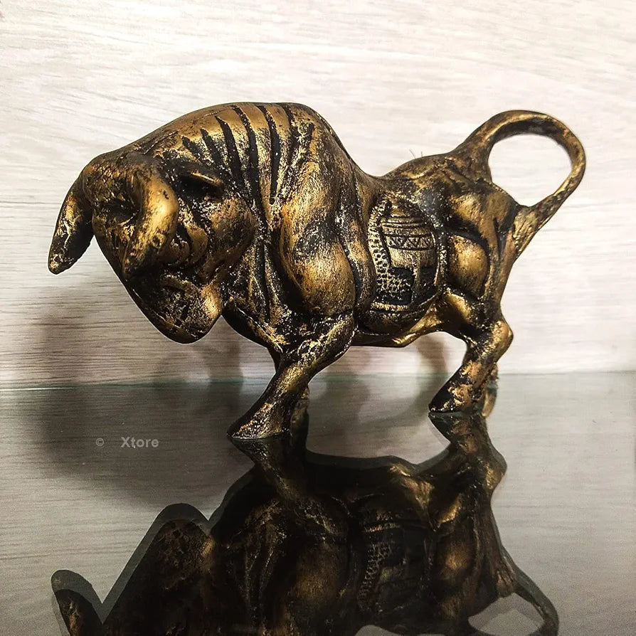 Xtore Brass Finish Bull Resin Statue for Home Decor 